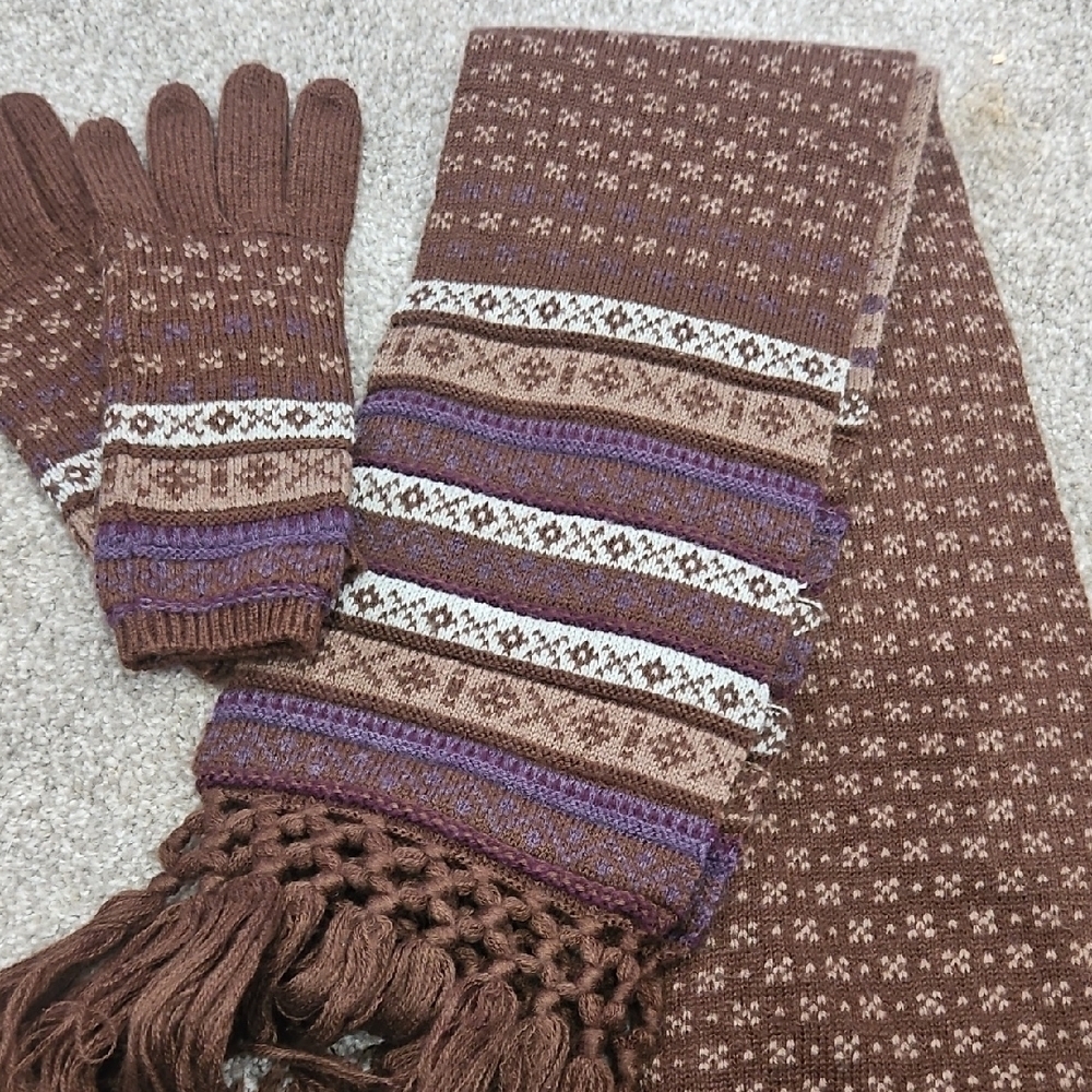 Brown and Purple Knit Scarf and Gloves Set